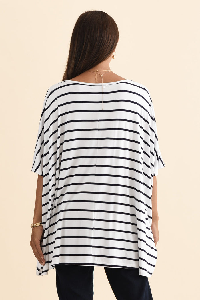 Sorronda White Stripe Bamboo Batwing Top,Brunette model,alt text|model:Cara