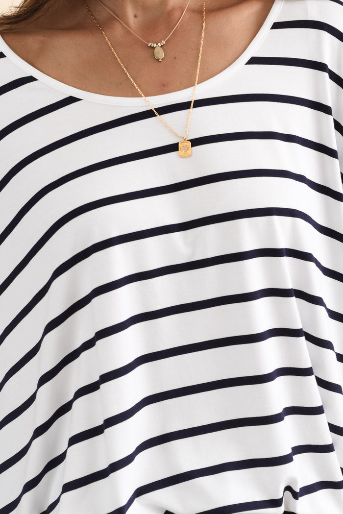 Sorronda White Stripe Bamboo Batwing Top,Brunette model,alt text|model:Cara