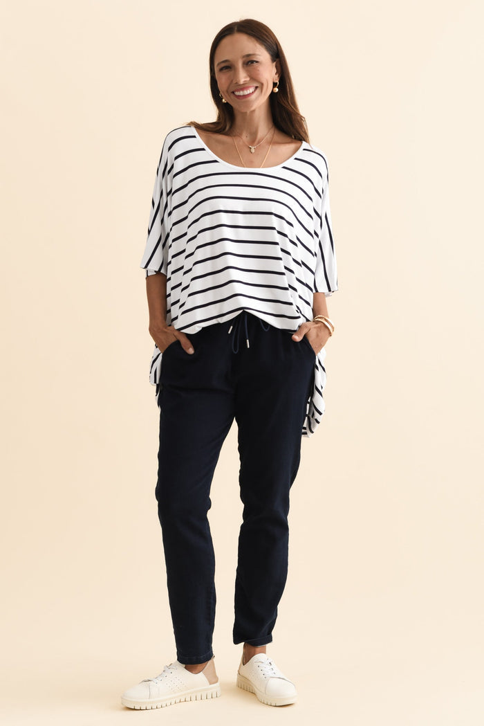 Sorronda White Stripe Bamboo Batwing Top,Brunette model,alt text|model:Cara