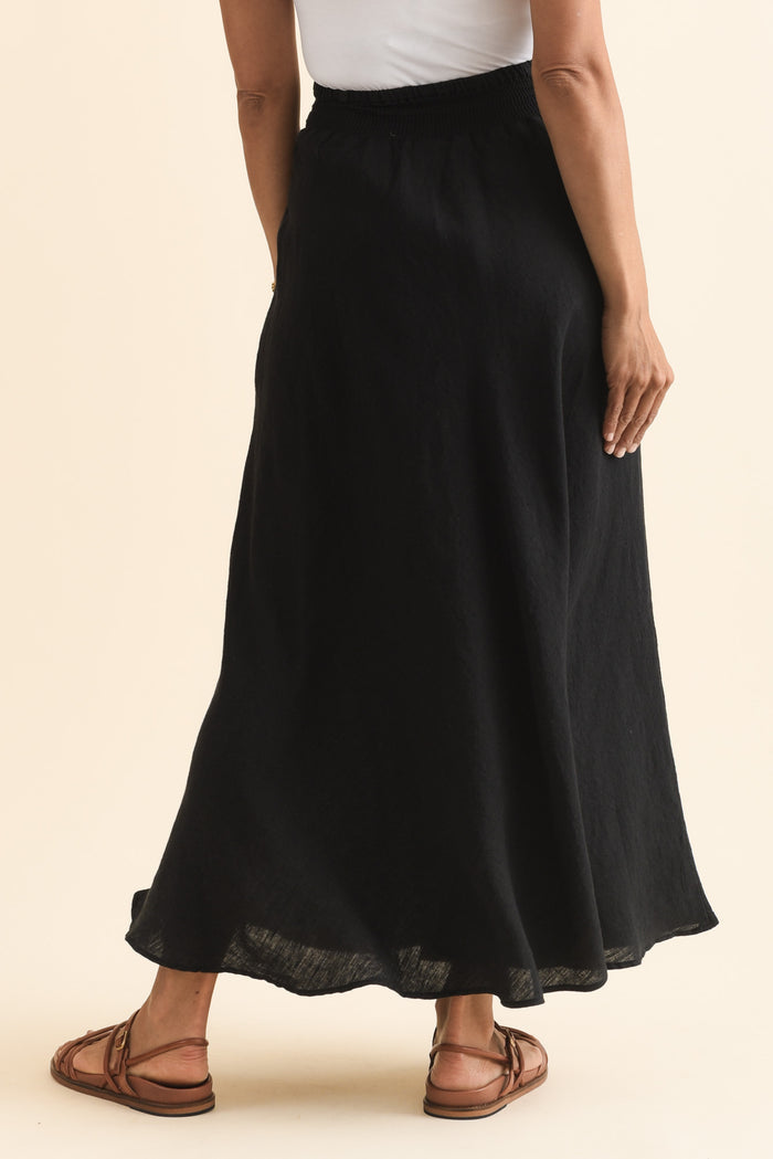 Sottana Black Linen Maxi Skirt,Brunette model,alt text|model:Cara