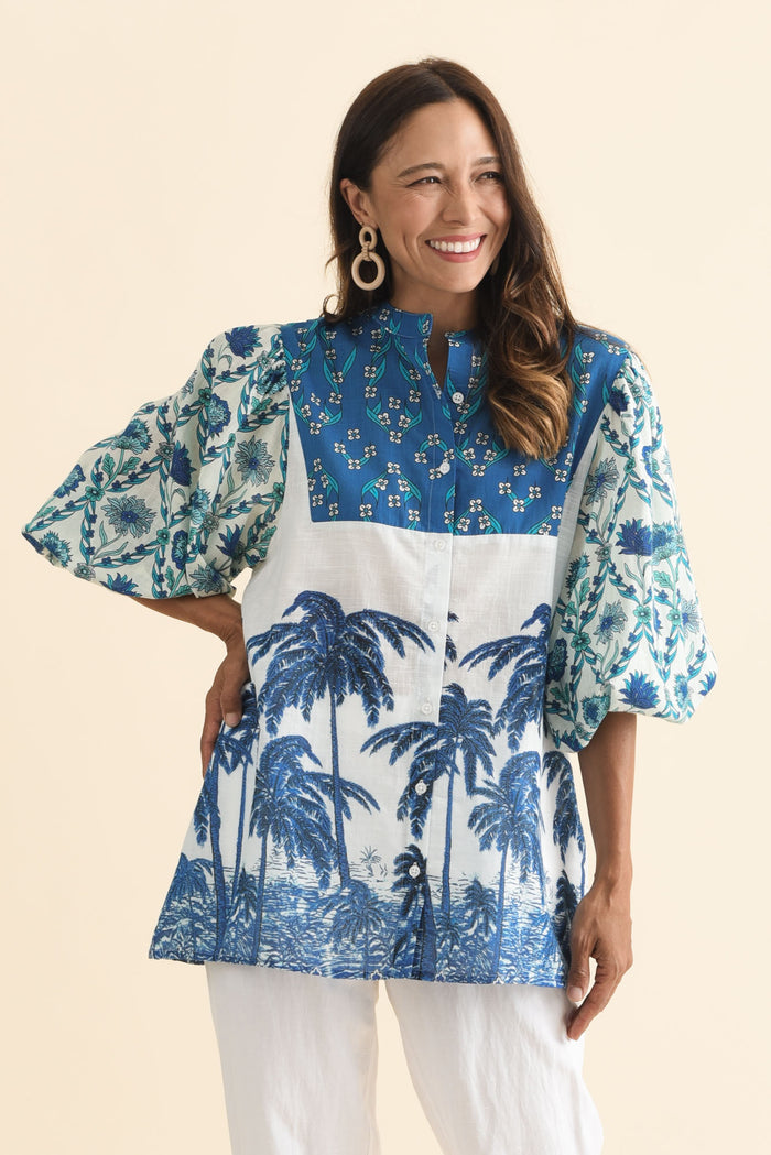 Stalone Blue Tropical Cotton Blouse,Brunette model,alt text|model:Cara