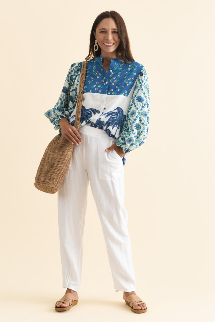 Stalone Blue Tropical Cotton Blouse,Brunette model,alt text|model:Cara