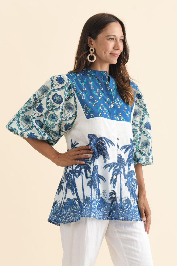 Stalone Blue Tropical Cotton Blouse,Brunette model,alt text|model:Cara