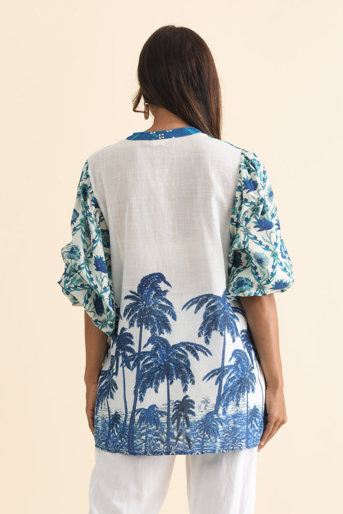 Stalone Blue Tropical Cotton Blouse,Brunette model,alt text|model:Cara