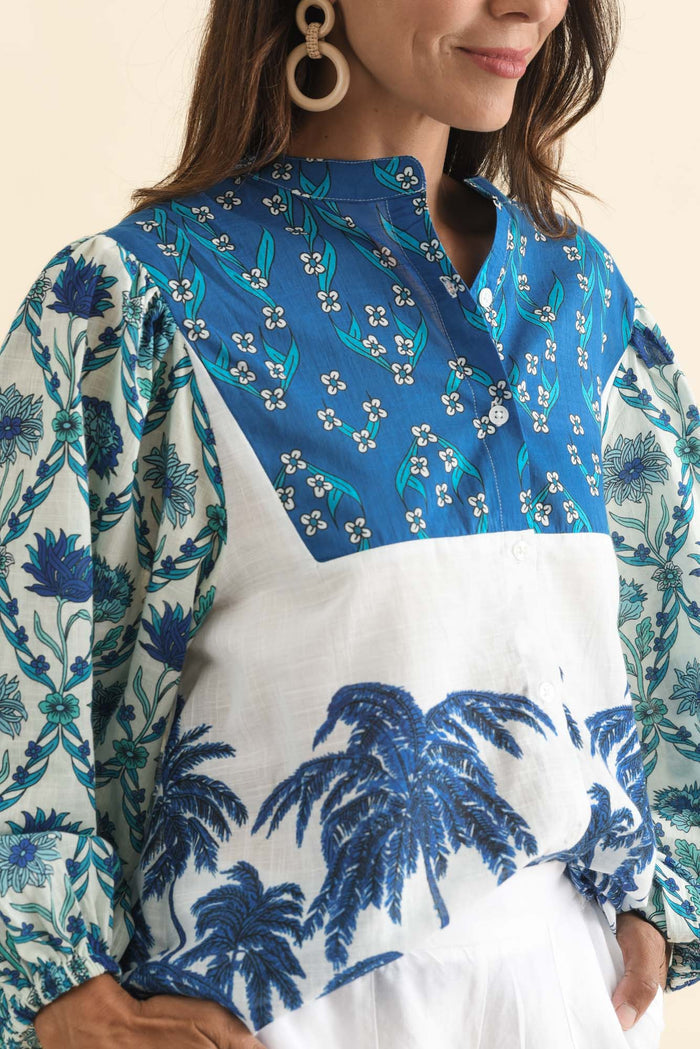 Stalone Blue Tropical Cotton Blouse,Brunette model,alt text|model:Cara