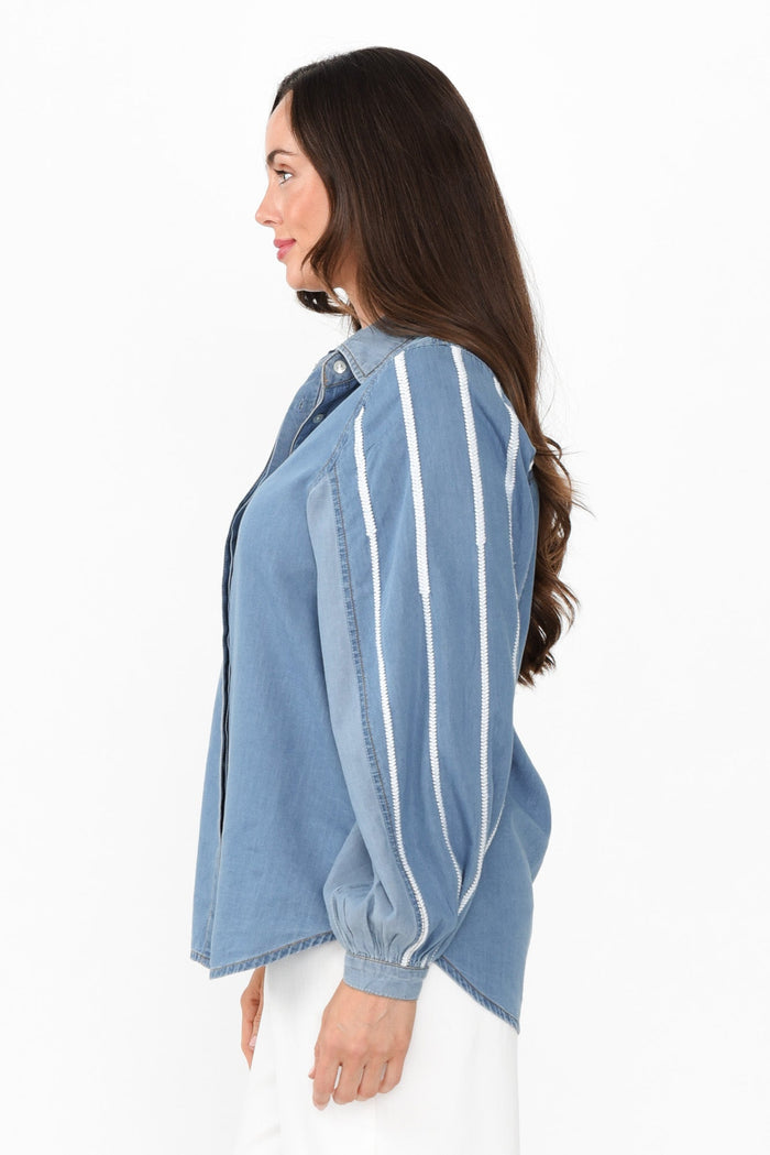 Stella Blue Denim Shirt,Brunette model,alt text|model:Elouise