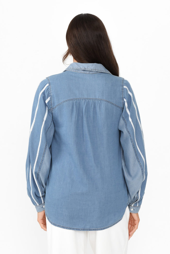 Stella Blue Denim Shirt,Brunette model,alt text|model:Elouise