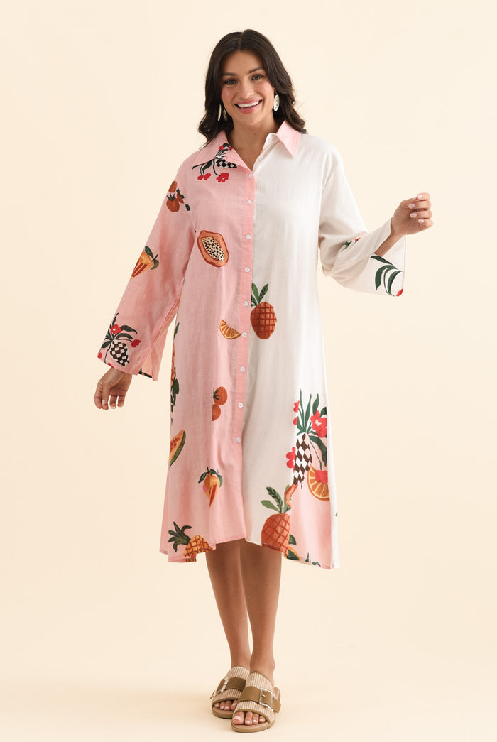 Stella Pink Fruity Cotton Shirt Dress,Brunette model,alt text|model:Brontie