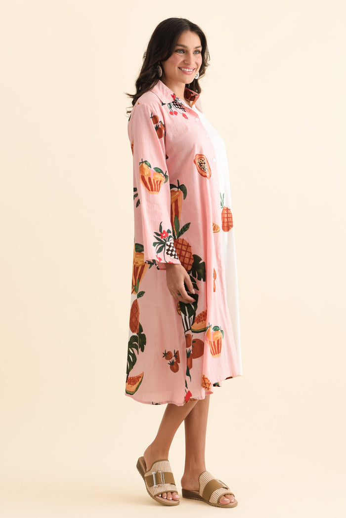 Stella Pink Fruity Cotton Shirt Dress,Brunette model,alt text|model:Brontie