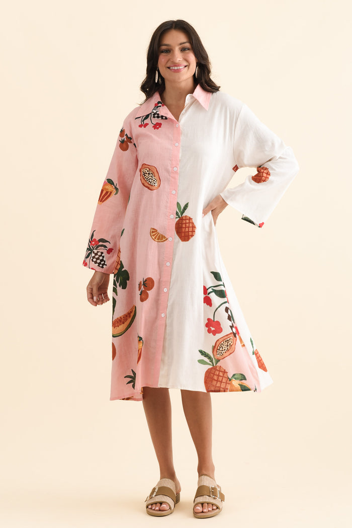 Stella Pink Fruity Cotton Shirt Dress,Brunette model,alt text|model:Brontie