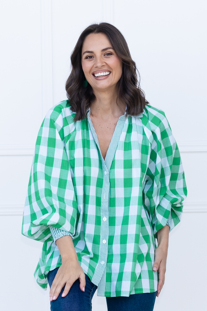 Stephens Green Check Cotton Shirt,brunette model,Front of Outfit,Lifestyle