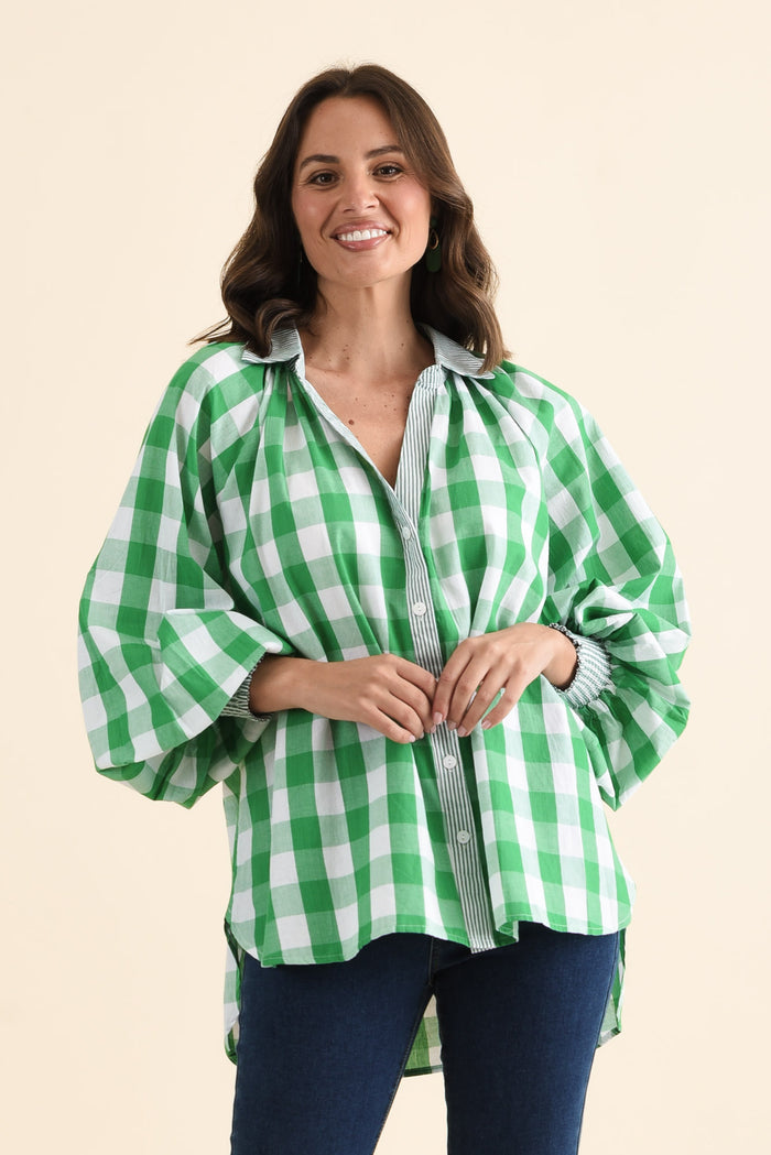 Stephens Green Check Cotton Shirt,brunette model,Front of Outfit,alt text|model:MJ