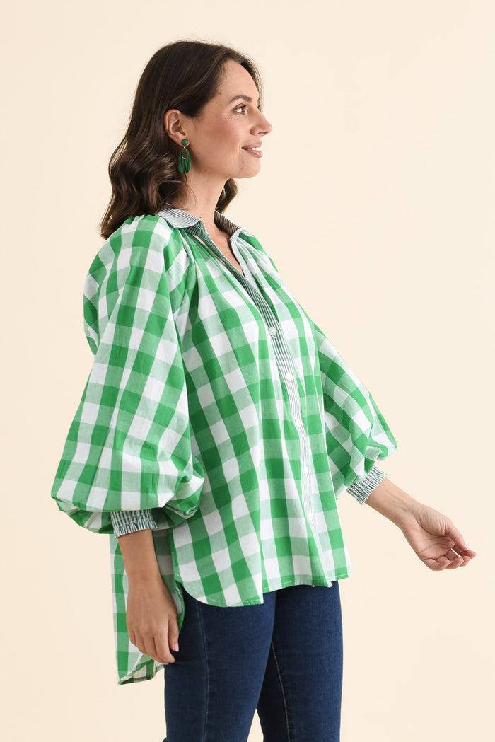 Stephens Green Check Cotton Shirt,brunette model,Side of Outfit,alt text|model:MJ