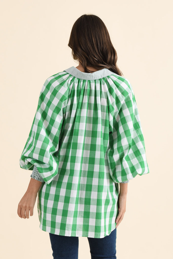 Stephens Green Check Cotton Shirt,brunette model,Back of Outfit,alt text|model:MJ