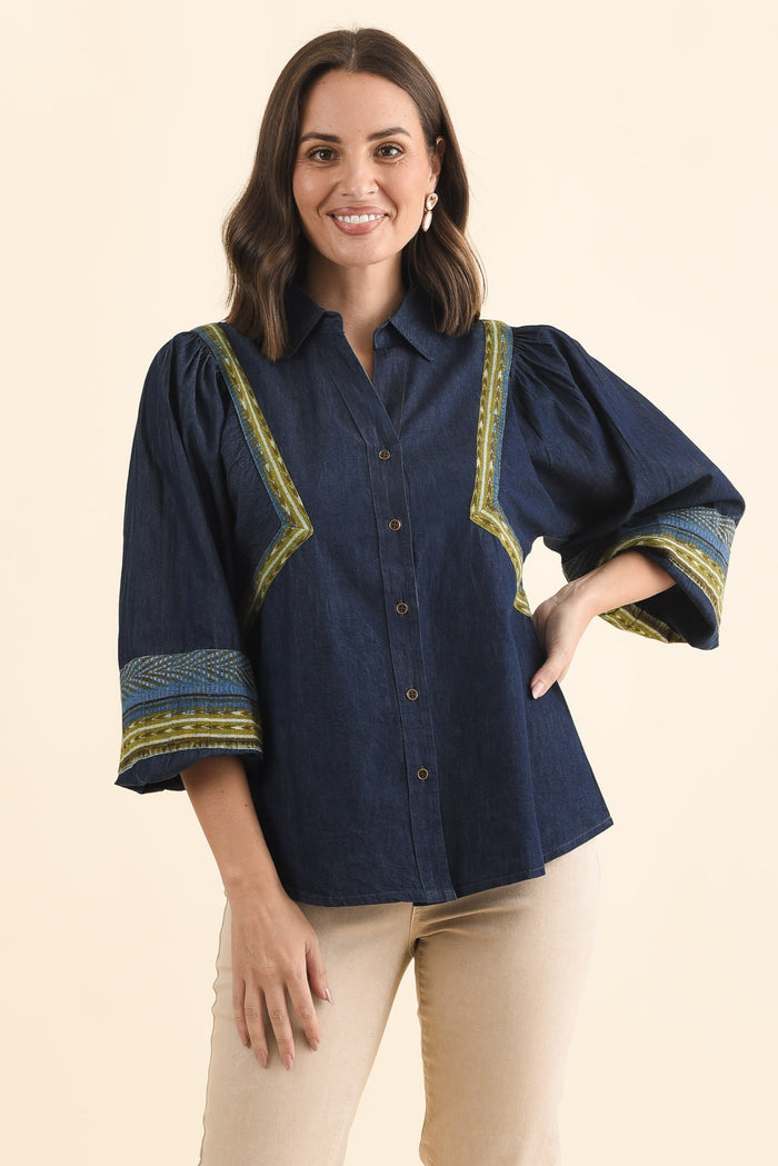 Stiles Blue Denim Puff Sleeve Top,Brunette model,alt text|model:MJ