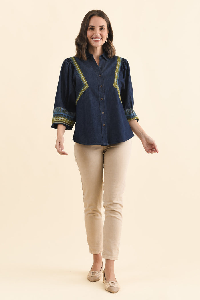 Stiles Blue Denim Puff Sleeve Top,Brunette model,alt text|model:MJ