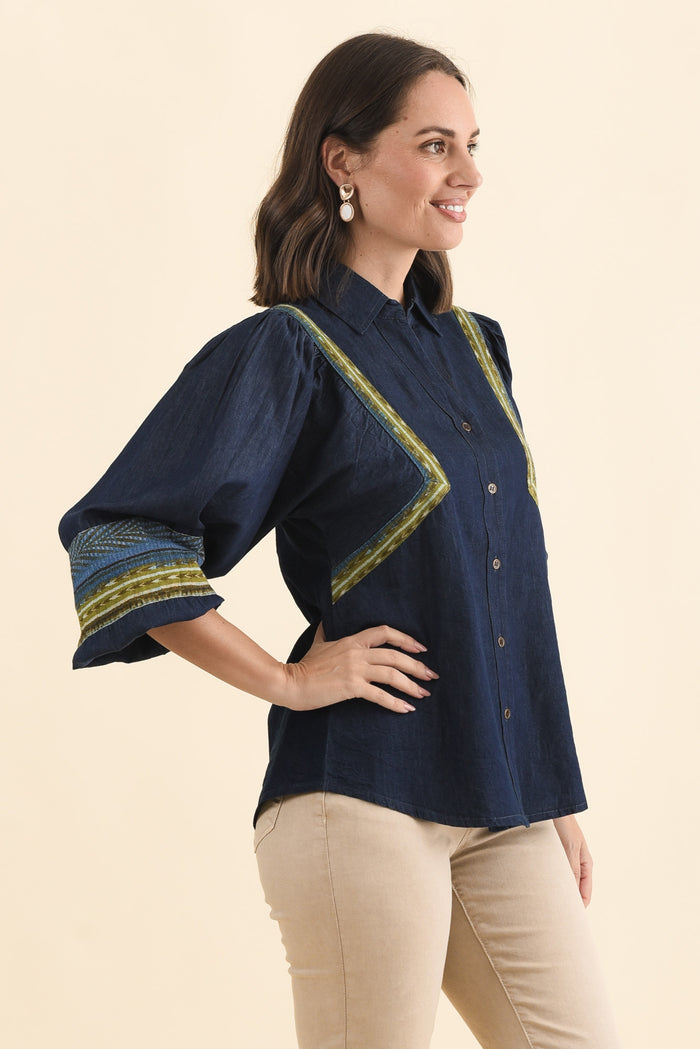 Stiles Blue Denim Puff Sleeve Top,Brunette model,alt text|model:MJ