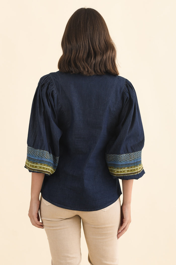 Stiles Blue Denim Puff Sleeve Top,Brunette model,alt text|model:MJ