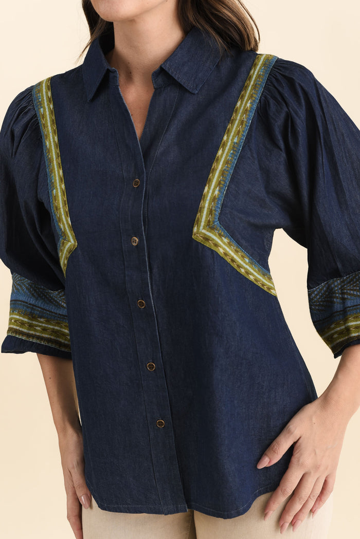 Stiles Blue Denim Puff Sleeve Top,Brunette model,alt text|model:MJ