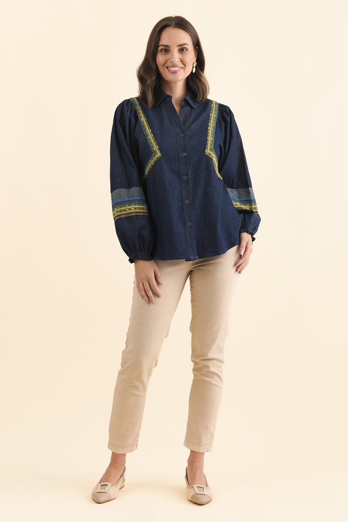 Stiles Blue Denim Puff Sleeve Top,Brunette model,alt text|model:MJ