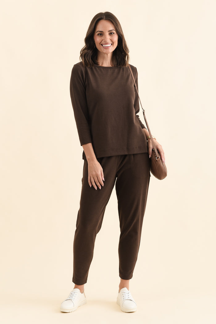 SuedeLuxe Chocolate 3/4 Sleeve Top,Brunette model,alt text|model:MJ
