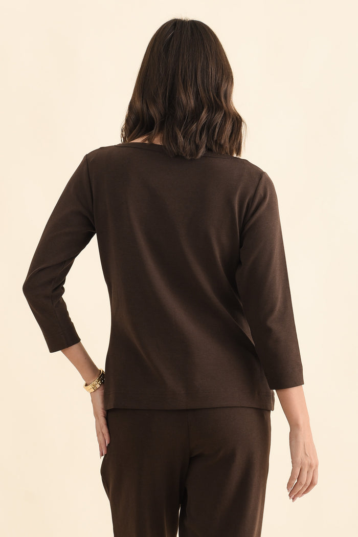 SuedeLuxe Chocolate 3/4 Sleeve Top,Brunette model,alt text|model:MJ