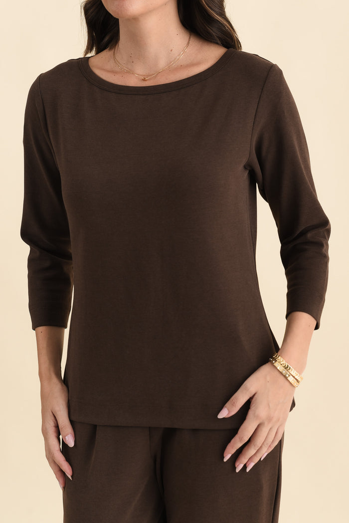 SuedeLuxe Chocolate 3/4 Sleeve Top,Brunette model,alt text|model:MJ
