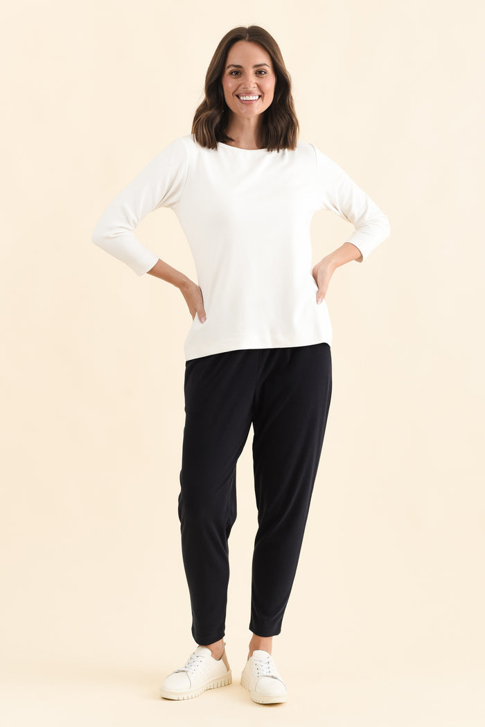 SuedeLuxe White 3/4 Sleeve Top,Brunette model,alt text|model:MJ