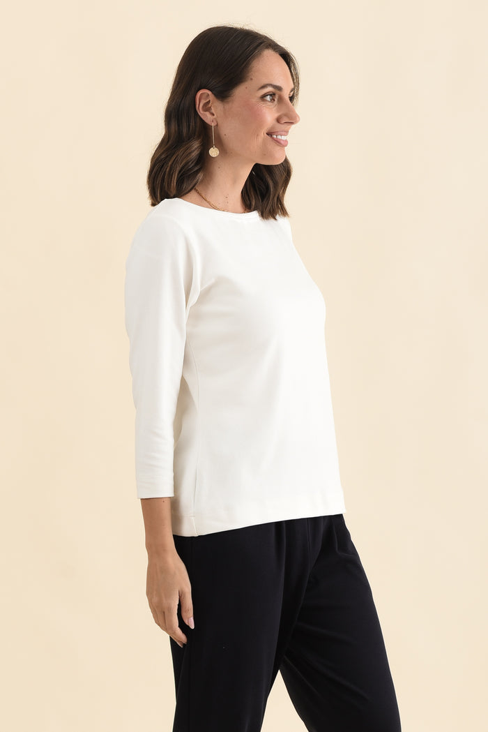 SuedeLuxe White 3/4 Sleeve Top,Brunette model,alt text|model:MJ