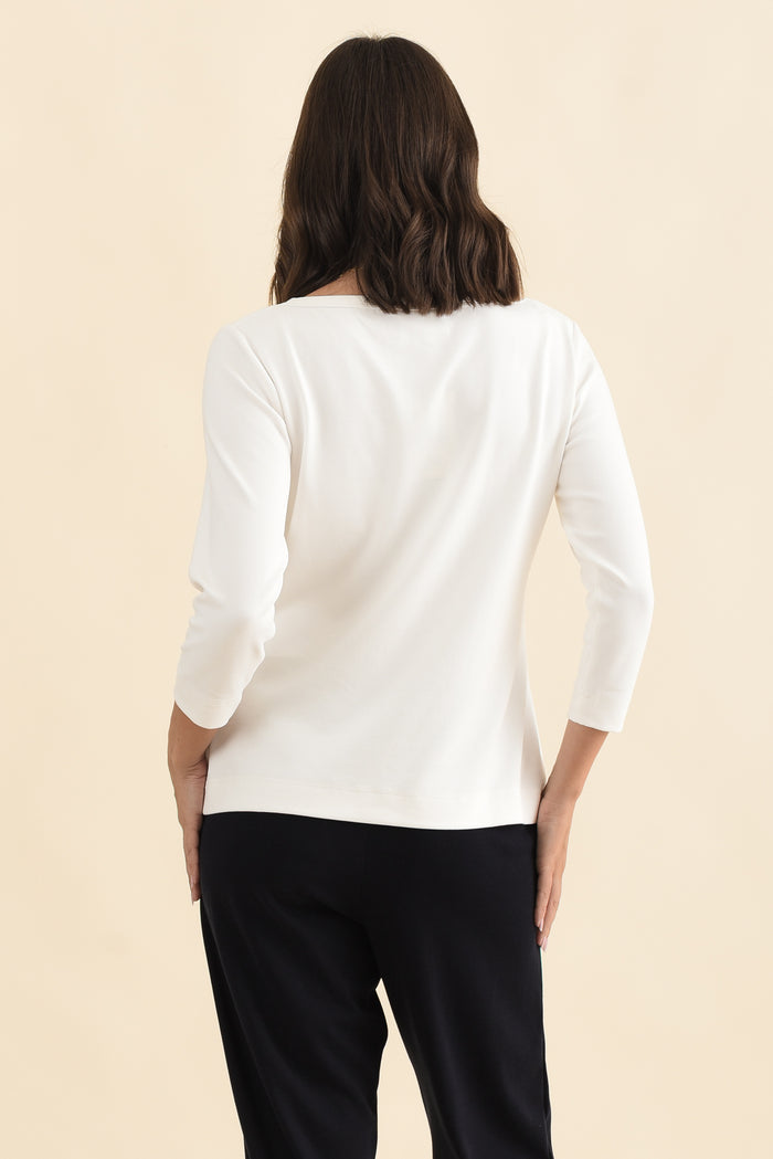 SuedeLuxe White 3/4 Sleeve Top,Brunette model,alt text|model:MJ
