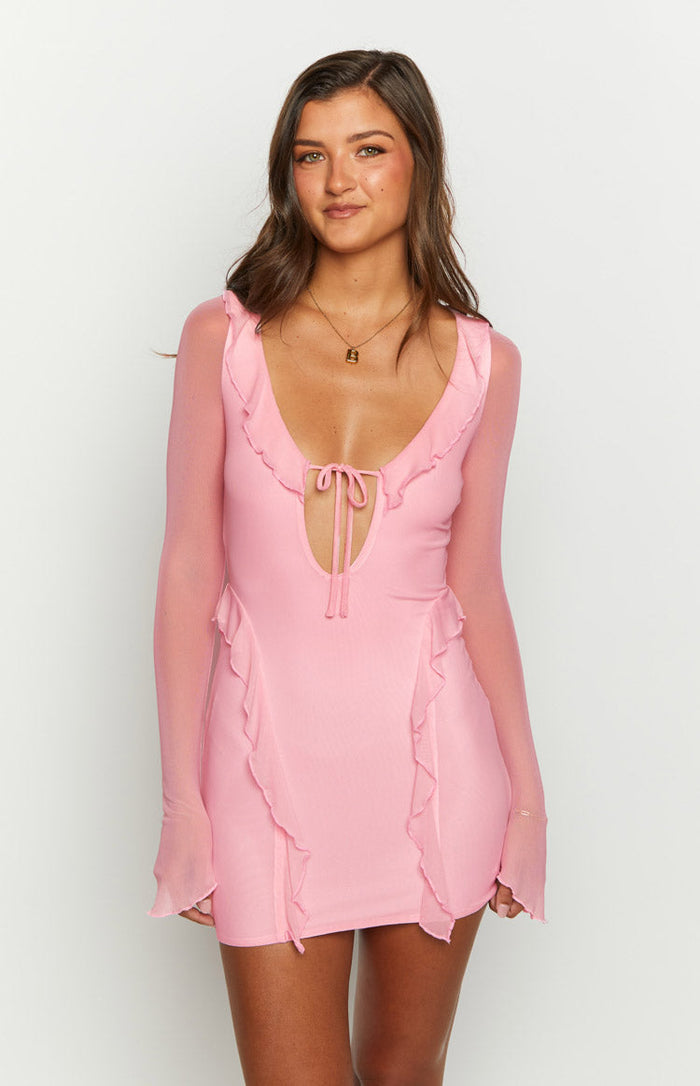 Beginning Boutique Surround Sound Pink Mesh Long Sleeve Mini Dress pink mesh long sleeve mini dress with V-neck tie and ruffled trim