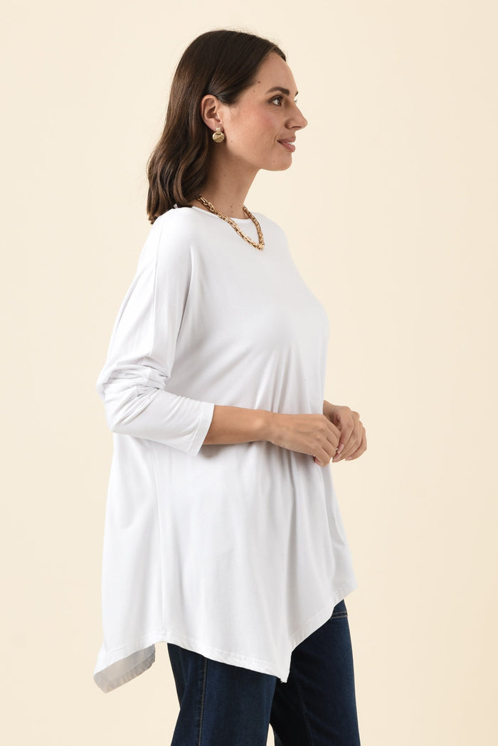 Susie White Asymmetrical Bamboo Top,Brunette model,alt text|model:MJ