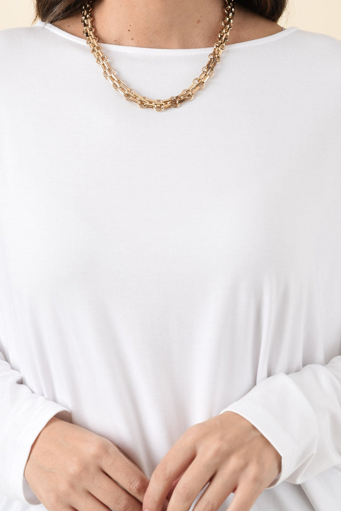 Susie White Asymmetrical Bamboo Top,Brunette model,alt text|model:MJ