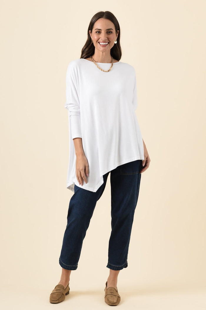 Susie White Asymmetrical Bamboo Top,Brunette model,alt text|model:MJ