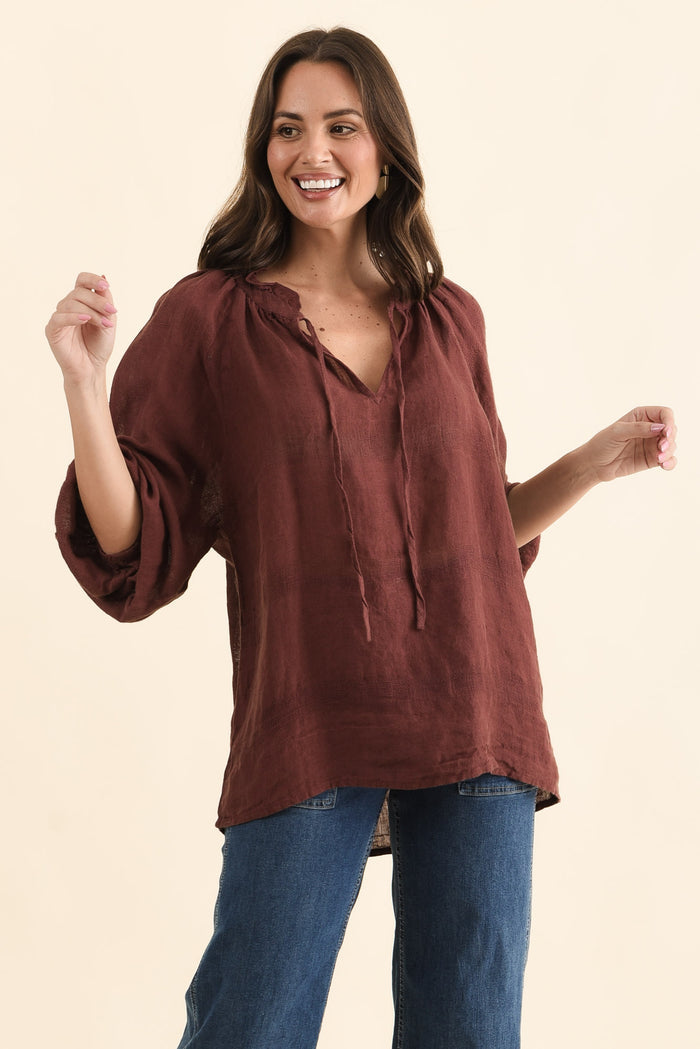 Sussana Burgundy Linen Tie Top,Front,Brunette model,alt text|model:MJ
