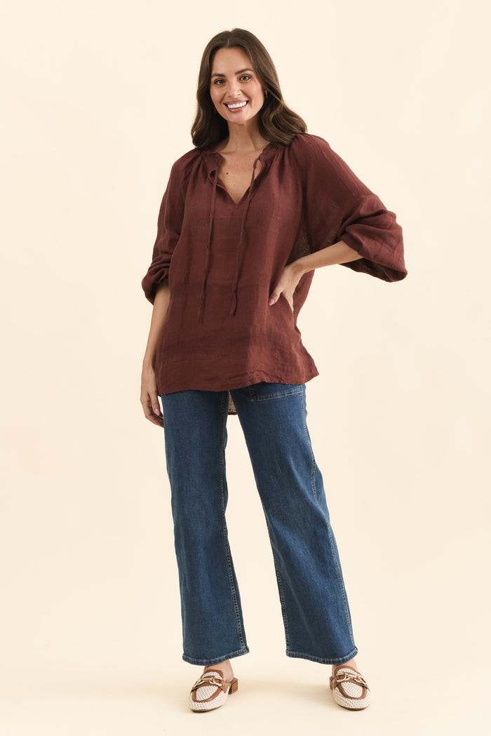 Sussana Burgundy Linen Tie Top,Full Body,Brunette model,alt text|model:MJ