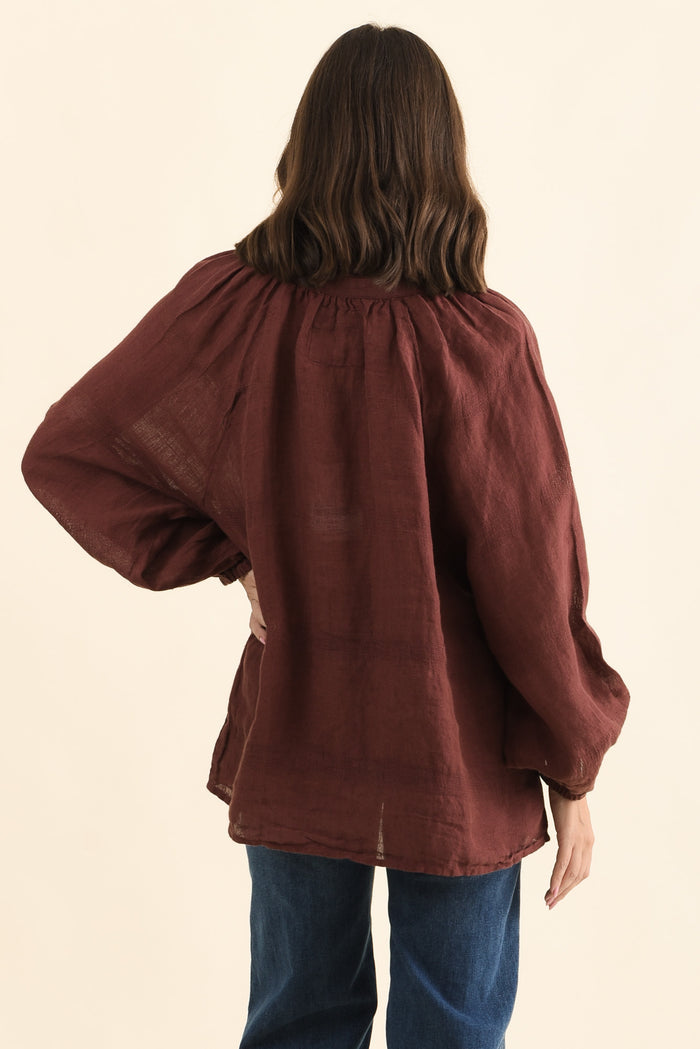 Sussana Burgundy Linen Tie Top,Back,Brunette model,alt text|model:MJ