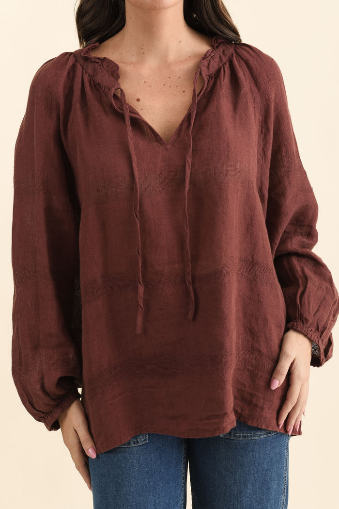 Sussana Burgundy Linen Tie Top,Detail,Brunette model,alt text|model:MJ