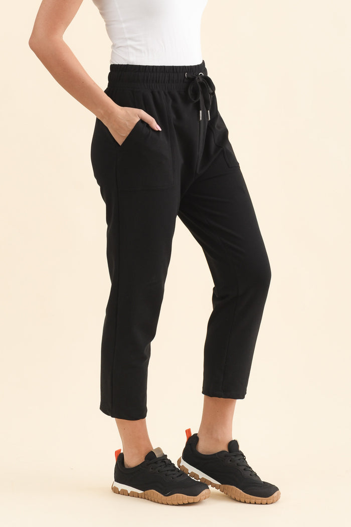 Sutton Black Cotton Relaxed Sweatpants,Side,Brunette model,alt text|model:MJ