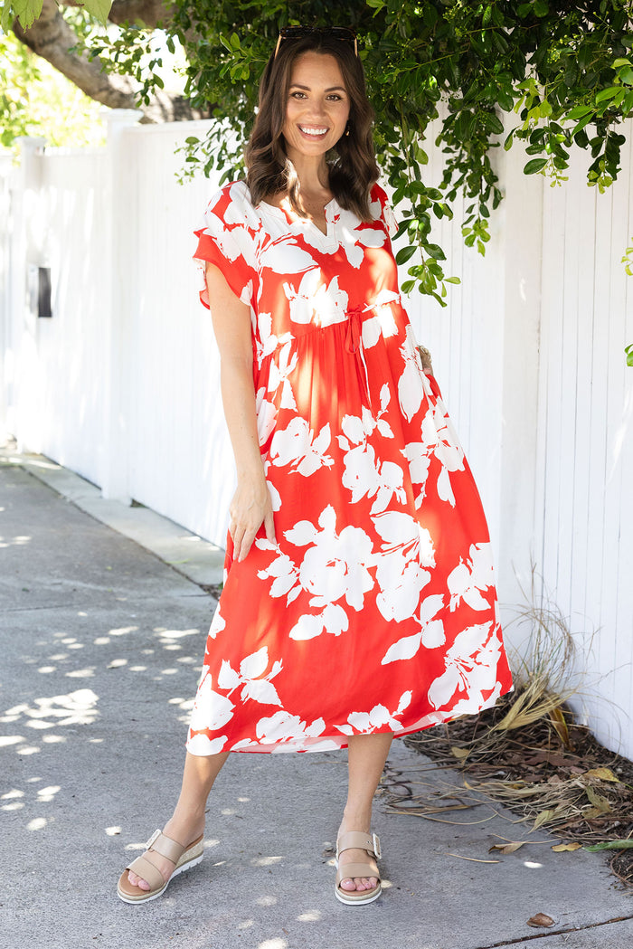 Suzette Red Abstract Midi Dress,Lifestyle