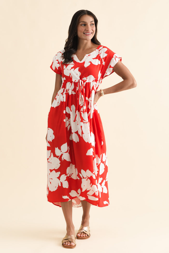 Suzette Red Abstract Midi Dress,Brunette model,alt text|model:Brontie