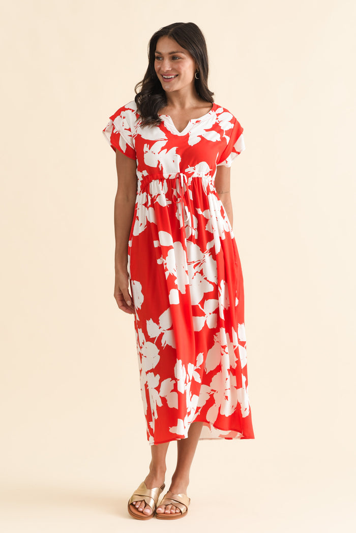 Suzette Red Abstract Midi Dress,Brunette model,alt text|model:Brontie