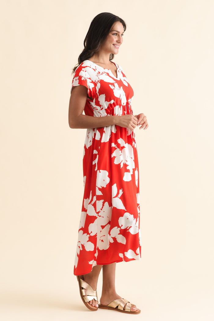Suzette Red Abstract Midi Dress,Brunette model,alt text|model:Brontie