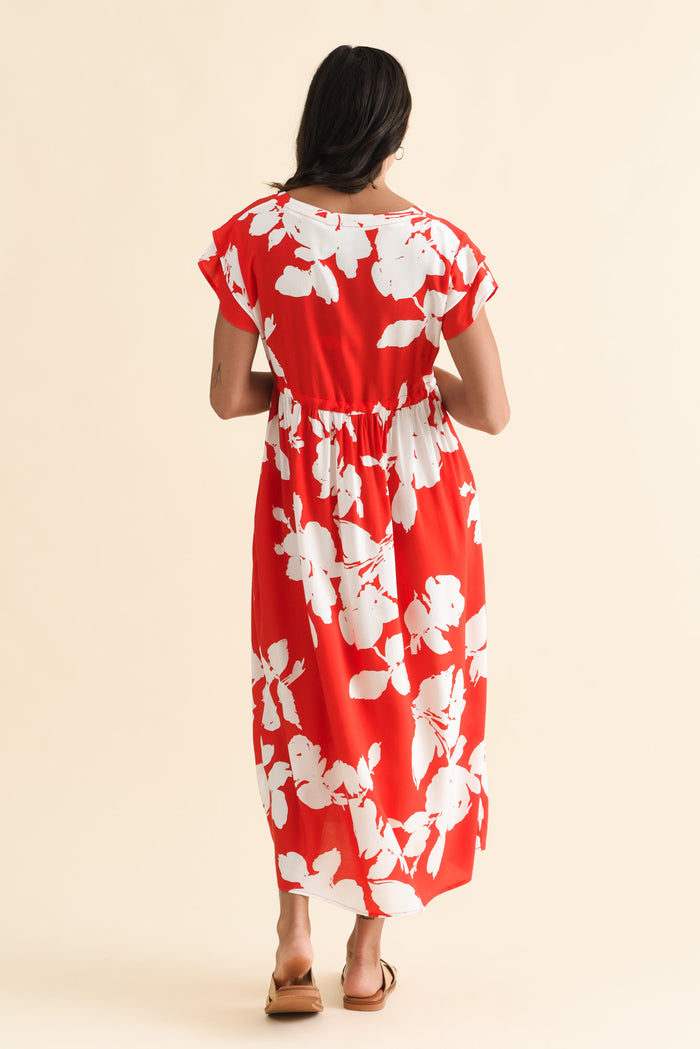 Suzette Red Abstract Midi Dress,Brunette model,alt text|model:Brontie
