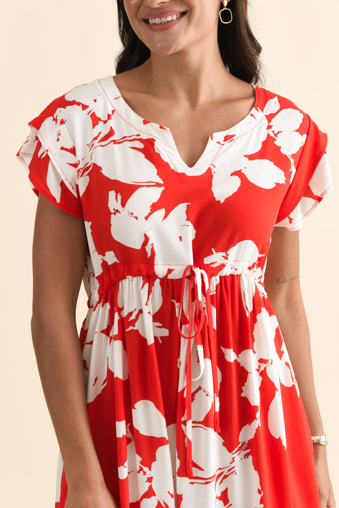 Suzette Red Abstract Midi Dress,Brunette model,alt text|model:Brontie