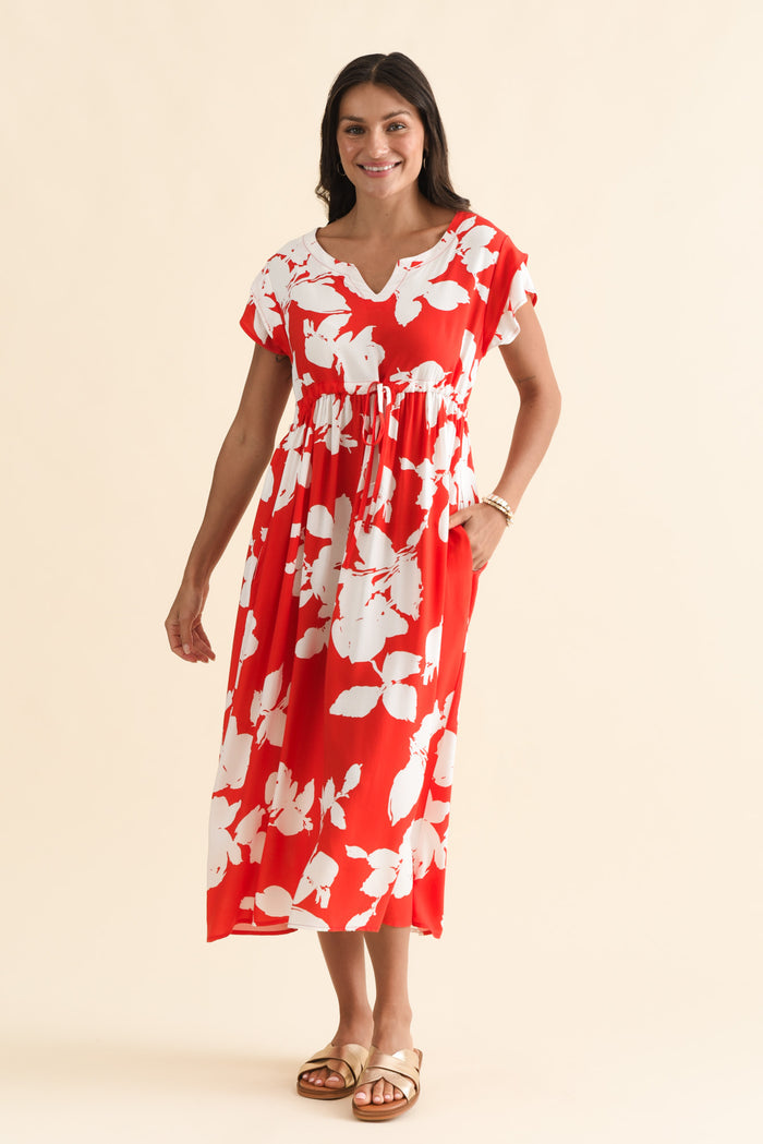 Suzette Red Abstract Midi Dress,Brunette model,alt text|model:Brontie