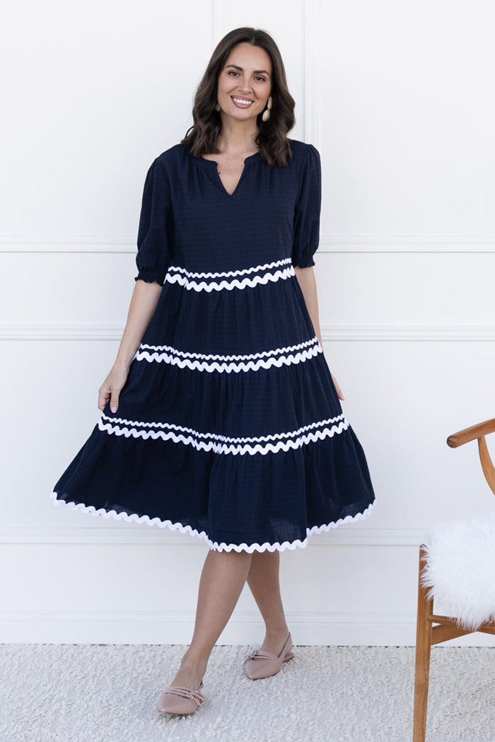 Sybella Black Trim Cotton Midi Dress,brunette model,Front of Outfit,Lifestyle
