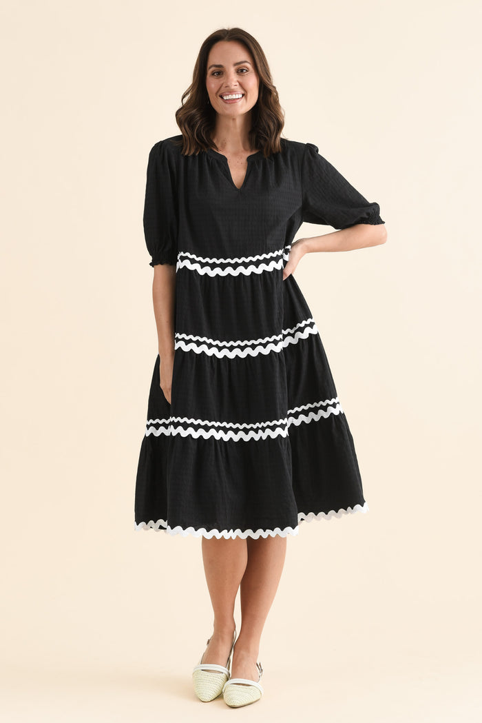 Sybella Black Trim Cotton Midi Dress