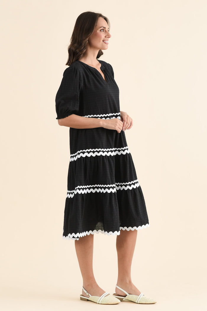 Sybella Black Trim Cotton Midi Dress