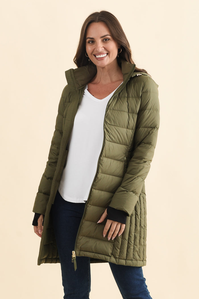 Sydney Olive Down Puffer Coat,Brunette model,alt text|model:MJ